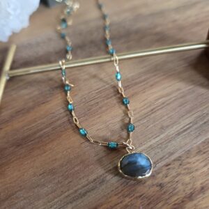 Labradorite & Emerald Enamel Gold Necklace